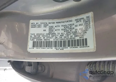 2001 Toyota Sequoia Sr5 V8 z USA, uszkodzony, nr VIN 5TDZT34A41S019250